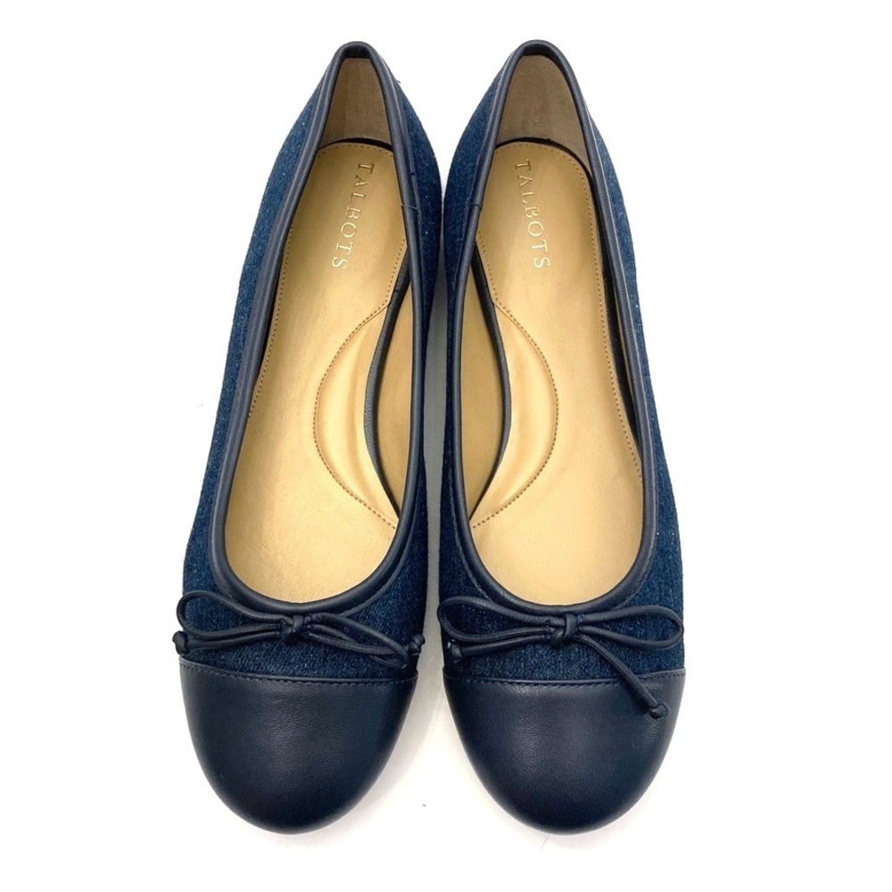 TALBOTS Blair Cap Toe Denim Leather Ballet Flats Womens 8M NWOB $129 Navy Blue‎